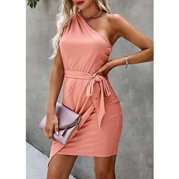 PRETTYGARDEN Women's Fashion One Shoulder Ruched Bodycon Fitted Cocktail Party Mini Dress (Pink,Medium)