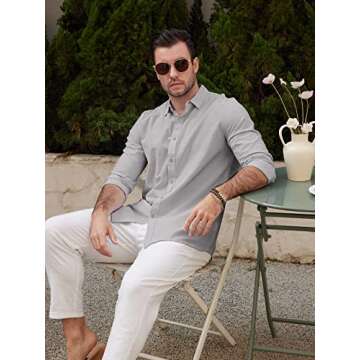 JEKAOYI Men's Casual Long Sleeve Cotton Linen Shirts - Comfortable Beach Shirt in Grey