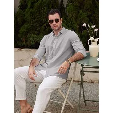 JEKAOYI Men's Casual Long Sleeve Cotton Linen Shirts - Comfortable Beach Shirt in Grey