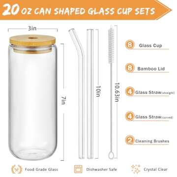 SENTVEND 20 Oz Drinking Glasses with Bamboo Lids and Glass Straw - 8 Pcs Can Shaped Glass Cups Beer ...