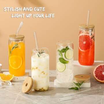 SENTVEND 20 Oz Drinking Glasses with Bamboo Lids and Glass Straw - 8 Pcs Can Shaped Glass Cups Beer & Ice Coffee Glasses Cute Tumbler Cup Great for Soda Boba Tea Cocktail Include 2 Cleaning Brushes