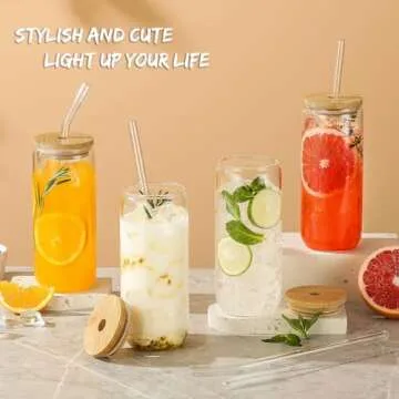 SENTVEND 20 Oz Drinking Glasses with Bamboo Lids and Glass Straw - 8 Pcs Can Shaped Glass Cups Beer & Ice Coffee Glasses Cute Tumbler Cup Great for Soda Boba Tea Cocktail Include 2 Cleaning Brushes