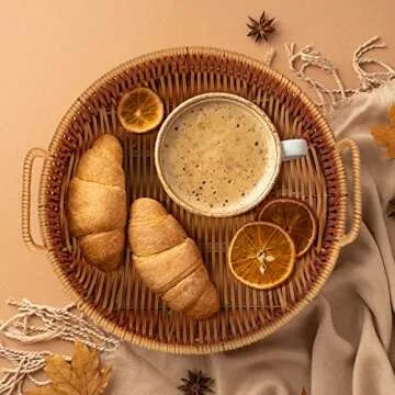 Ferraycle 3 Pcs Rattan Serving Tray with Handles Woven Wicker Tray Round Shallow Rattan Basket Fruit Tray Decor for Serving(Brown)