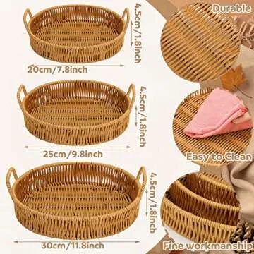 Ferraycle 3 Pcs Rattan Serving Tray with Handles Woven Wicker Tray Round Shallow Rattan Basket Fruit Tray Decor for Serving(Brown)