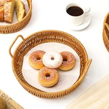 Ferraycle 3 Pcs Rattan Serving Tray with Handles Woven Wicker Tray Round Shallow Rattan Basket Fruit Tray Decor for Serving(Brown)