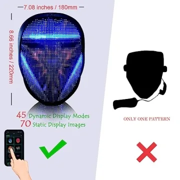 MEGOO Led Mask with Bluetooth Programmable App,Shining Led Light Up Face Mask for Adult Kid Halloween Masquerade Party (USB Recharge)