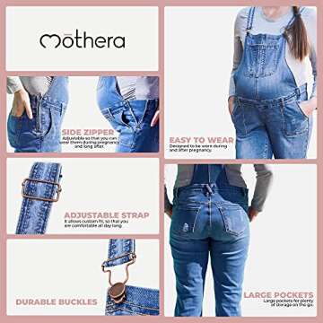 Mothera Maternity Overalls for Pregnant Women Cotton Denim Overalls, Zipper Adjustable Clothes for Pregnancy and Postpartum, M
