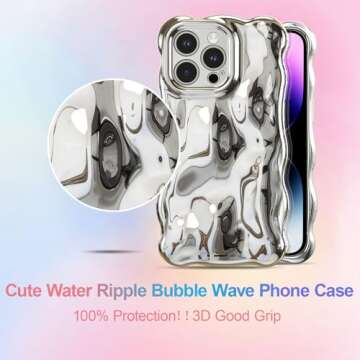 UEEBAI Ripple Case for iPhone 14 Pro Max, Cute Silver Cover Wave Shape for iPhone Case Pretty Aesthetic 3D Phone Cover, Water Ripple Shell 3D Chrome Design for Women and Girl, Silver