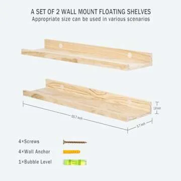 AZSKY Floating Shelves Natural Wood for Wall Storage Wall Mount Floating Kids Bookshelf with Lip Display Picture Photo Ledge Shelves for Bedroom Living Room Bathroom Kitchen 16 Inch Set 2