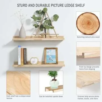 AZSKY Floating Shelves Natural Wood for Wall Storage Wall Mount Floating Kids Bookshelf with Lip Display Picture Photo Ledge Shelves for Bedroom Living Room Bathroom Kitchen 16 Inch Set 2