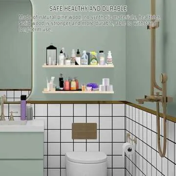 AZSKY Floating Shelves Natural Wood for Wall Storage Wall Mount Floating Kids Bookshelf with Lip Display Picture Photo Ledge Shelves for Bedroom Living Room Bathroom Kitchen 16 Inch Set 2