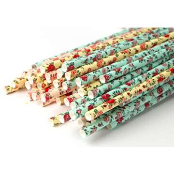 Floral Paper Straws (Large Size, 75 Pack, Pink, Blue, Yellow) Vintage Flower & Rose Designs, Biodegradable Eco Friendly Disposable Party Straws for Party & Events by JPACO