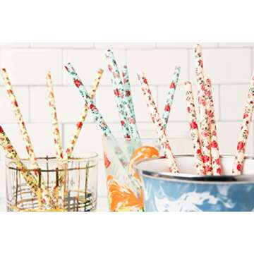 Floral Paper Straws (Large Size, 75 Pack, Pink, Blue, Yellow) Vintage Flower & Rose Designs, Biodegradable Eco Friendly Disposable Party Straws for Party & Events by JPACO