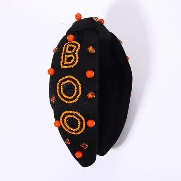 CEALXHENY Halloween Headband for Women, Beaded Boo Trick or Treat Knotted Headband, Embellished Rhinestone Pearl Top Knot Headbands, Halloween Costume Party Hair Accessory Gifts, Halloween Accessories