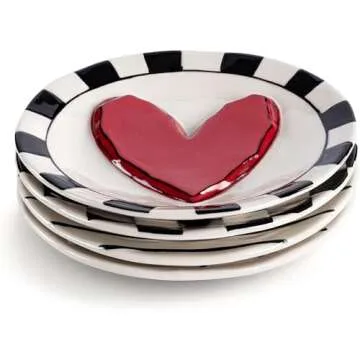 DEMDACO Black and Red Heart 6.5 inch Stoneware Appetizer Plates Set of 4