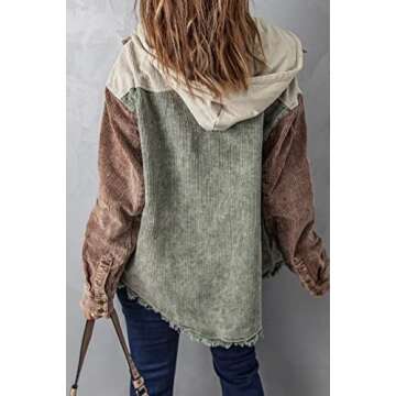 Ru Sweet Women's Corduroy Hooded Colorblock Long Sleeve Jacket Color Block Shirts Coat Outwear