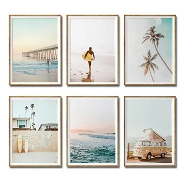 iMagitek Set of 6 Unframed California Coastal Surf Wall Art Prints, Beach Sunset Wall Poster, Surfbo...
