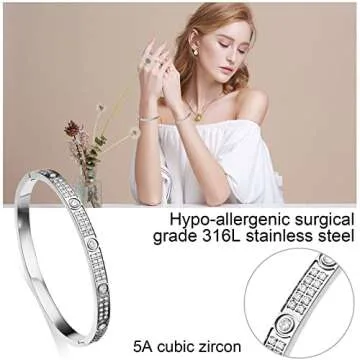 Love Friendship Bracelets Bangle Gold Silver with Cubic Zirconia Stainless Steel Jewelry Oval Bracelet Birthday for Her Women with Gifts Box (Silver, Stainless Steel)