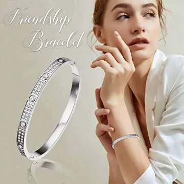Love Friendship Bracelets Bangle Gold Silver with Cubic Zirconia Stainless Steel Jewelry Oval Bracelet Birthday for Her Women with Gifts Box (Silver, Stainless Steel)