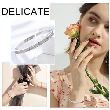 Love Friendship Bracelets Bangle Gold Silver with Cubic Zirconia Stainless Steel Jewelry Oval Bracelet Birthday for Her Women with Gifts Box (Silver, Stainless Steel)