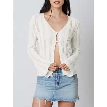 Langwyqu Womens Crochet Sheer Mesh Cardigan Lightweight Long Sleeve V Neck Y2k Button Front Slit Summer Cover Up Beige, X-Large