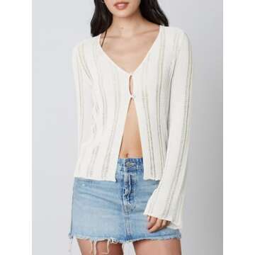 Langwyqu Womens Crochet Sheer Mesh Cardigan Lightweight Long Sleeve V Neck Y2k Button Front Slit Summer Cover Up Beige, X-Large