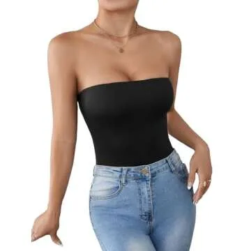 COZYEASE Women's Solid Tube Bodysuit Strapless Sleeveless Casual Plain Romper Bodysuit Black Petite S