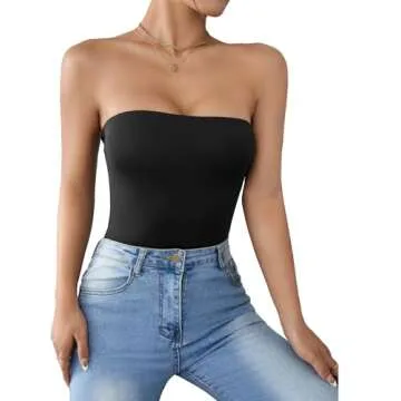 COZYEASE Women's Solid Tube Bodysuit Strapless Sleeveless Casual Plain Romper Bodysuit Black Petite S