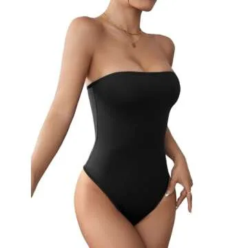 COZYEASE Women's Solid Tube Bodysuit Strapless Sleeveless Casual Plain Romper Bodysuit Black Petite S