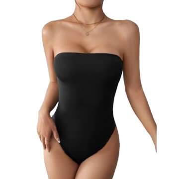 COZYEASE Women's Solid Tube Bodysuit Strapless Sleeveless Casual Plain Romper Bodysuit Black Petite S
