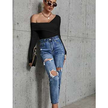 Uvog Women Casual Cross Wrap Off Shoulder Top Deep V Neck Ribbed Shirt Blouse Black,M