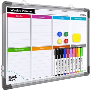 Small Weekly Calendar Dry Erase Whiteboard for Wall, 16" x 12" Magnetic Dry Erase Board, Hanging Dou...