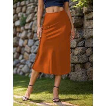 Women's Satin High Waist Hidden Elasticized Waistband Flared Casual A Line Midi Skirt (Caramel, Medi...