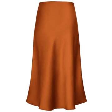 Women's Satin High Waist Hidden Elasticized Waistband Flared Casual A Line Midi Skirt (Caramel, Medium)