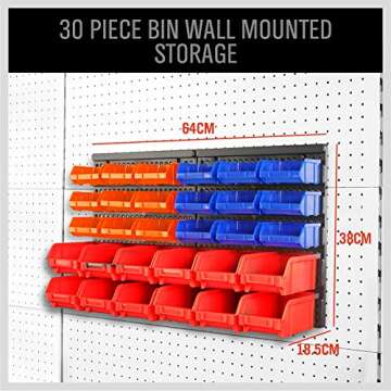 30-Bin Wall-Mounted Storage Rack System - Heavy-Duty Garage Tool Organizer for Screws, Nuts, Bolts, Nails, Beads, and Small Hardware Parts - Easy Installation and Customizable Red Blue Orange