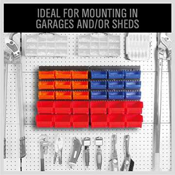 30-Bin Wall-Mounted Storage Rack System - Heavy-Duty Garage Tool Organizer for Screws, Nuts, Bolts, Nails, Beads, and Small Hardware Parts - Easy Installation and Customizable Red Blue Orange