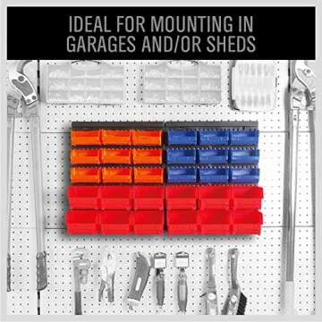 30-Bin Wall-Mounted Storage Rack System - Heavy-Duty Garage Tool Organizer for Screws, Nuts, Bolts, Nails, Beads, and Small Hardware Parts - Easy Installation and Customizable Red Blue Orange