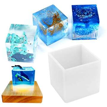 Square Light Resin Mold – LED Silicone Molds with Wooden Base for Artistic Home Decoration