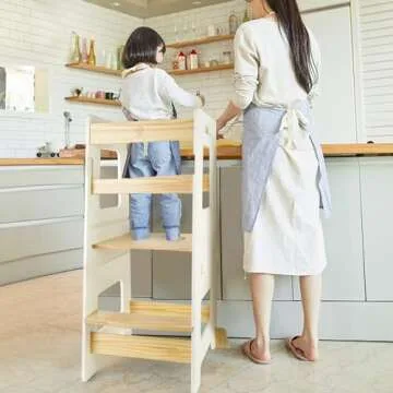 WOOD CITY Kitchen Step Stool - Safe Montessori Standing Tower for Kids with Safety Rail, Height Adju...