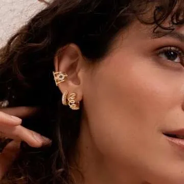 MYEARS Women Gold Huggie Hoop Earrings Ear Stud Cuff Cubic Zirconia 14K Gold Plated Small Simple Minimalist Hypoallergenic Everyday Jewelry