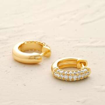 MYEARS Women Gold Huggie Hoop Earrings Ear Stud Cuff Cubic Zirconia 14K Gold Plated Small Simple Minimalist Hypoallergenic Everyday Jewelry