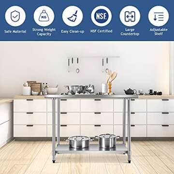 WATERJOY Stainless Steel Table for Prep & Work Commercial Heavy Duty Table with Adjustable Shelf and Wheels Installable