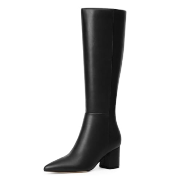 Easyfox Black Womens Knee High Boots Tall Black Boots for Women Pointed Toe Fall Boots Chunky Heel L...