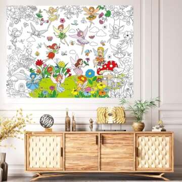 Fairy Garden Coloring Poster for Kids Giant Coloring Poster Large Fairy Party Flower Coloring Tablecloth Jumbo Spring Coloring Books for Kids Classroom Home Birthday Party Supplies Favor