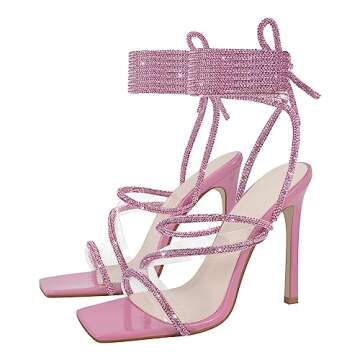 richealnini Embellisehed Rhinestones Sandals Clear Heel Sandals Strappy Heel Glitter Ankle Wrap Up Tie Lace Up Gladiator Stiletto Heel Studded Crystal Open Square Toe Slingback Prom Date Pink Size 13
