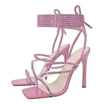 richealnini Embellisehed Rhinestones Sandals Clear Heel Sandals Strappy Heel Glitter Ankle Wrap Up Tie Lace Up Gladiator Stiletto Heel Studded Crystal Open Square Toe Slingback Prom Date Pink Size 13