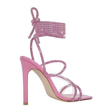 richealnini Embellisehed Rhinestones Sandals Clear Heel Sandals Strappy Heel Glitter Ankle Wrap Up Tie Lace Up Gladiator Stiletto Heel Studded Crystal Open Square Toe Slingback Prom Date Pink Size 13