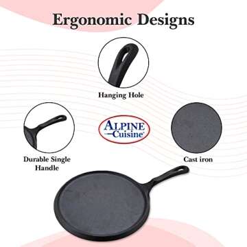 Alpine Cuisine Round Comal Cast Iron 10 Inch Seasoned Coating Black with Durable Single Handle – C...