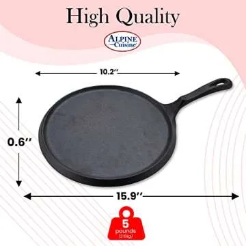 Alpine Cuisine Round Comal Cast Iron 10 Inch Seasoned Coating Black with Durable Single Handle – Comfortable Comal For Cooking, Even Heating & Versatile Kitchen Cookware Color Sleeve Bag Packing