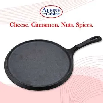 Alpine Cuisine Round Comal Cast Iron 10 Inch Seasoned Coating Black with Durable Single Handle – Comfortable Comal For Cooking, Even Heating & Versatile Kitchen Cookware Color Sleeve Bag Packing